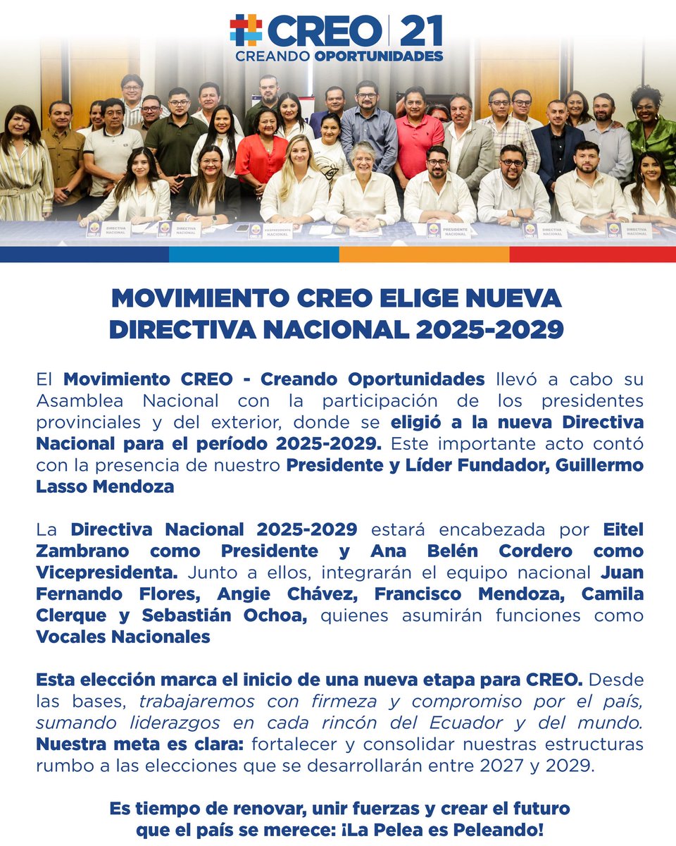 🇪🇨 | Movimiento CREO eligió Directiva Nacional 2025-2029

#SomosCREO21 #CREO21 #CreandoOportunidades #Ecuador