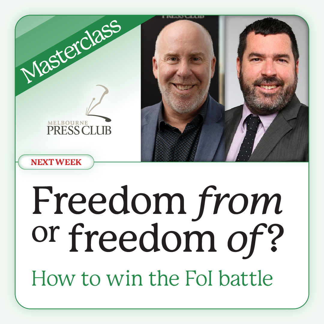 Next week: hear two of Melbourne’s top investigative reporters on new tactics journalists can use to overcome refusals under the Freedom of Information Act.

Don't miss tickets to this informative event – book now on our website: melbournepressclub.com/freedom-from-o…
