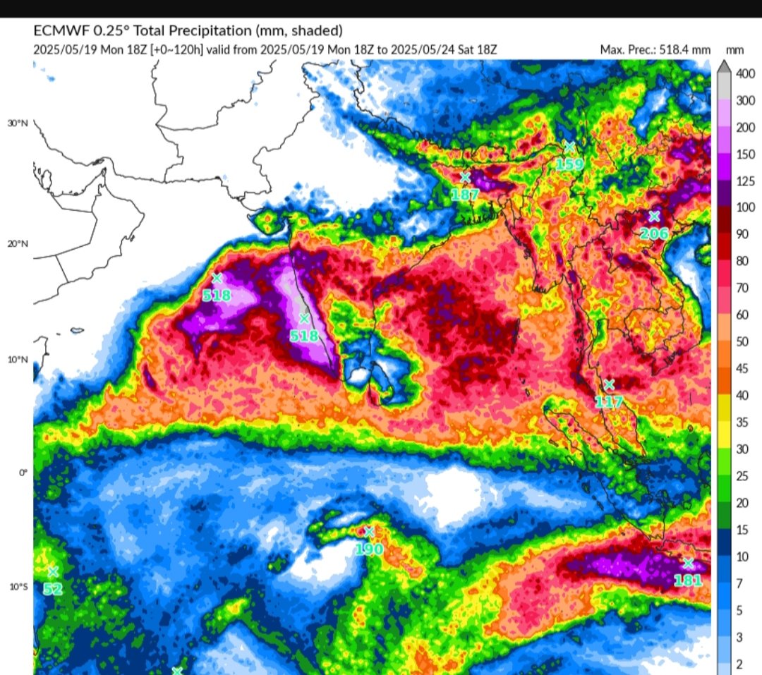 sarkar2472's tweet image. Nice low level jet getting established over Arabian sea. Onset any time between 22nd to 24th. Huge amount of rainfall is seen near West coast.