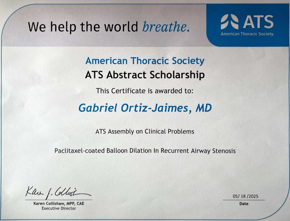 MayoPCCM (@mayopccm) on Twitter photo Congrats to <a href="/geortizj1/">Gabriel Ortiz Jaimes</a> on receiving the #ATS2025 Abstract Scholarship for "Paclitaxel-Coated Balloon Dilation in Recurrent Airway Stenosis?" mentored by <a href="/johnmullon1/">John Mullon</a>, #DrDarleneNelson, #DrJananiReisenauer, #DrDavidMidthun, <a href="/ese01/">Eric Edell</a>, #DrDagnyAnderson, & #DrRyanKern! Congrats to <a href="/geortizj1/">Gabriel Ortiz Jaimes</a> on receiving the #ATS2025 Abstract Scholarship for "Paclitaxel-Coated Balloon Dilation in Recurrent Airway Stenosis?" mentored by <a href="/johnmullon1/">John Mullon</a>, #DrDarleneNelson, #DrJananiReisenauer, #DrDavidMidthun, <a href="/ese01/">Eric Edell</a>, #DrDagnyAnderson, & #DrRyanKern!