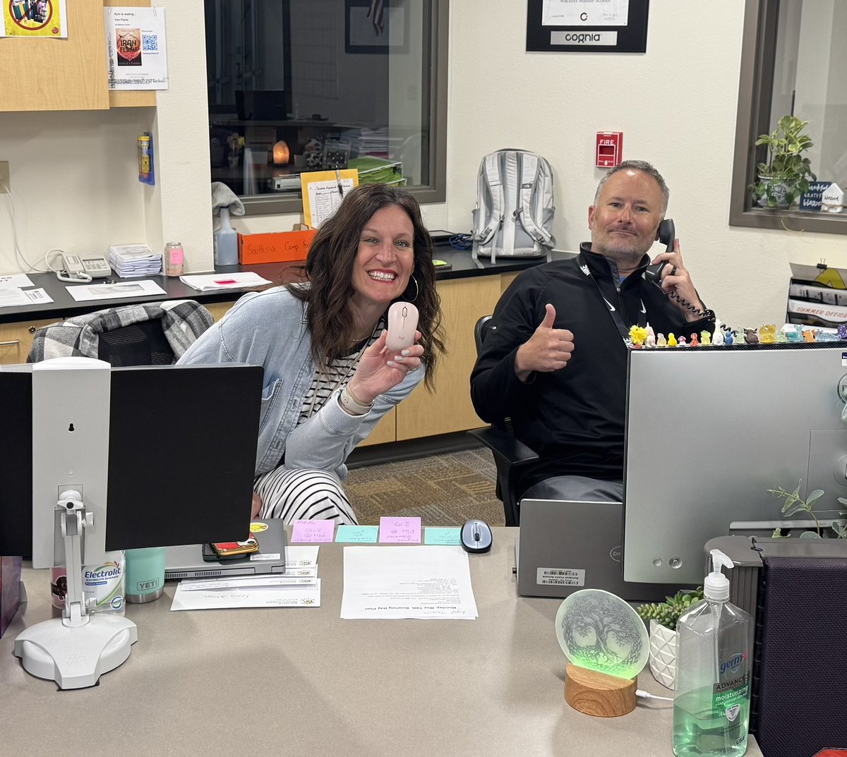 A little bit principal, a little bit secretary today so they could have lunch out of the building. Buzz the door, answer the phone, find the student, collect the track jersey, Walmart delivery, change the attendance…and they were only gone 1 hour! #phew #multitask