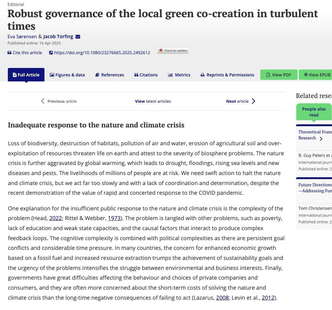 Hot off the press! A new editorial on an exciting topic of robust governance ("the use of flexible adaptation and proactive innovation to uphold key purposes") by Sørensen and Torfing buff.ly/7w01yHe