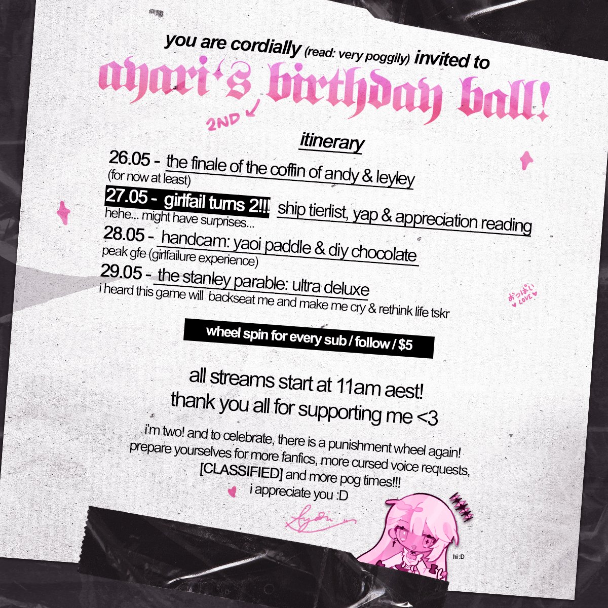 ⊹ ꒰ 𐙚 ꒱｡⋆ it's my second birthday!!
⊹
the punishment wheel is back! and i've organised some super fun girlfail streams :D
there's also some exciting announcements 👀
