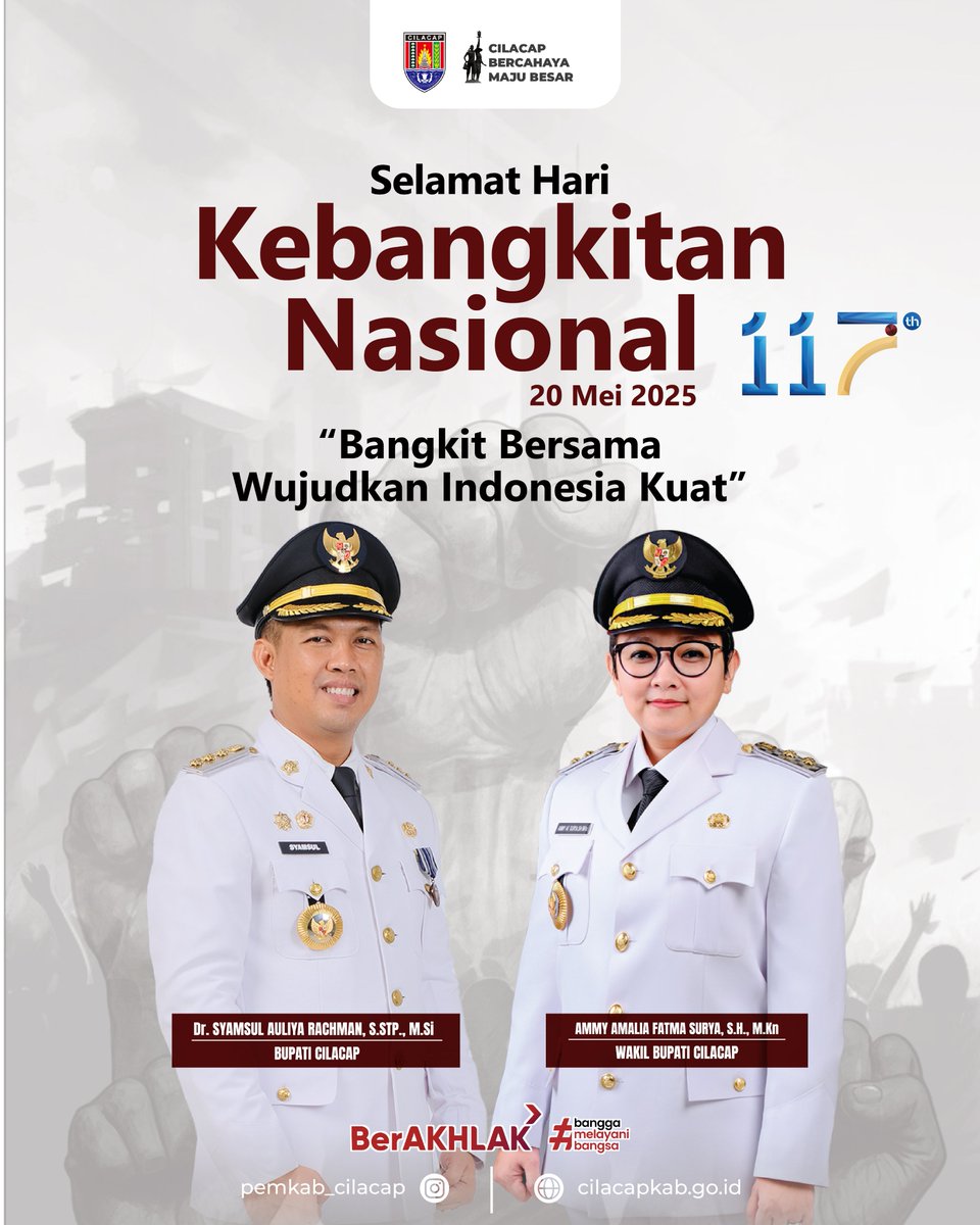 Selamat Hari Kebangkitan Nasional ke-117
Mari Bangkit Bersama Wujudkan Indonesia Kuat.

Dengan semangat Cilacap Bercahaya, Maju Besar, kita teguhkan tekad membangun daerah yang unggul dan berkontribusi nyata bagi negeri.

#Harkitnas2025
#CilacapBercahayaMajuBesar
#PemkabCilacap