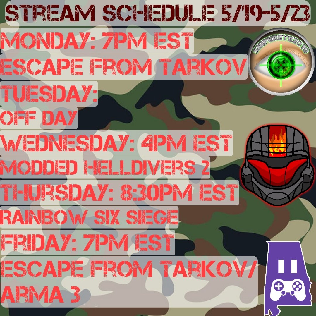 I meant to get this schedule out sooner, but I dropped the ball on this one! Tonight was Escape From Tarkov, so next stream will be on Wednesday, as we get ready to defend Super Earth in Helldivers 2!