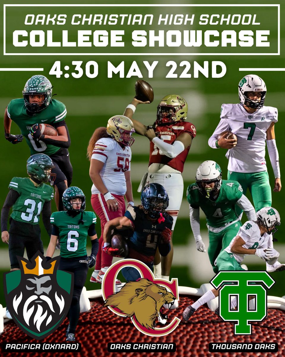 Pacifica Tritons Football (@tritonsfootball) on Twitter photo College Showcase
at Oaks Christian
May 22
4:30pm
<a href="/OaksChrstnLions/">Oaks Christian Lions</a>
<a href="/TOLancers/">TO Lancers Football</a> College Showcase
at Oaks Christian
May 22
4:30pm
<a href="/OaksChrstnLions/">Oaks Christian Lions</a>
<a href="/TOLancers/">TO Lancers Football</a>