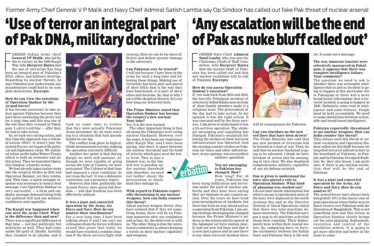 Gen VP Malik former Army Chief speaking on Operation Sindoor says use of terrorists has long been an integral part of Pakistan’s DNA, ethos &amp; military doctrine &amp; Ex Navy Chief Admiral Sunil Lanba says nuclear bluff of Pakistan called out &amp; any nuclear escalation will be their end