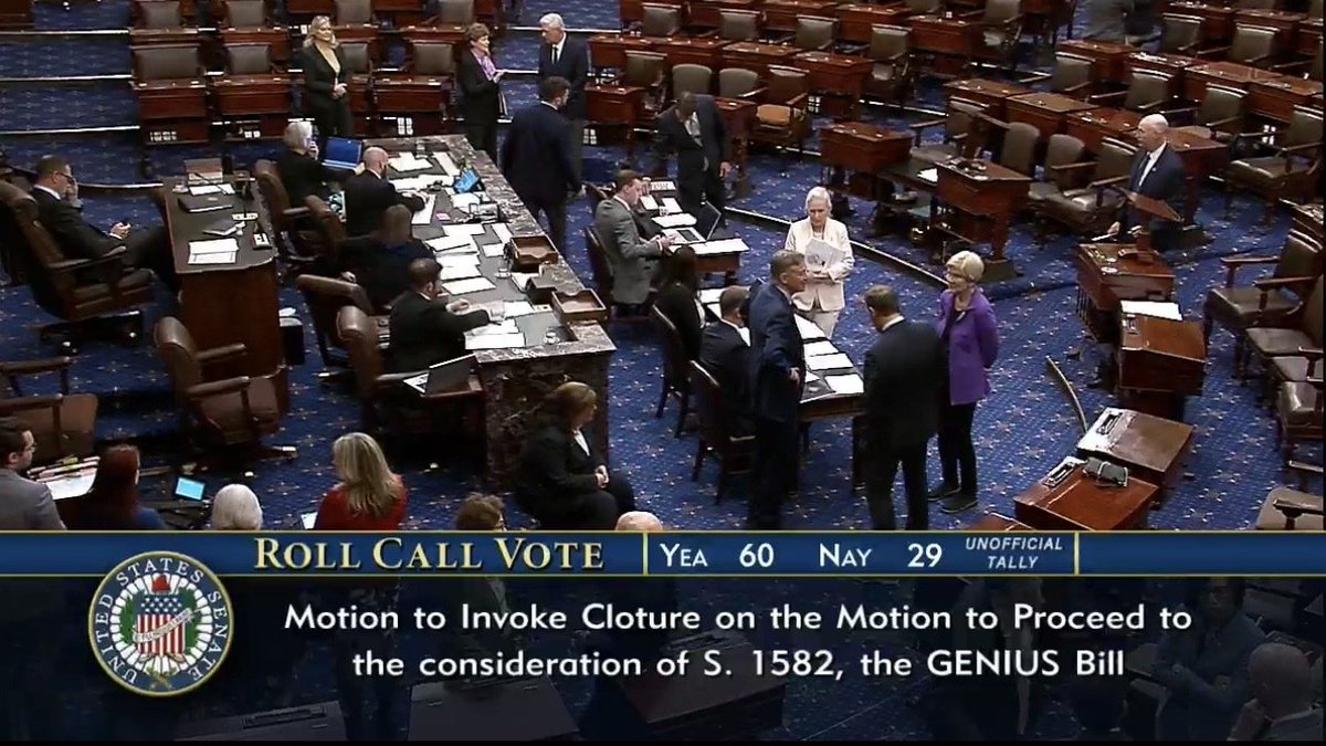 🇺🇸 BREAKING: The US Senate has passed the GENIUS stablecoin bill with over 60 votes, establishing a legal framework for stablecoins in the US!