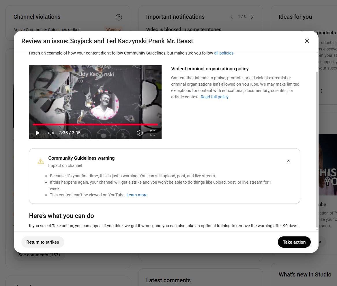 dustinodaffer's tweet image. Today I discovered that Youtube has officially demonetized my entire channel due to a video I uploaded 4 years ago.
@TeamYouTube @YouTubeCreators
on Oct. 22 2024 youtube flagged this video for violating the "Violent criminal organizations" policy.
The video is a satirical…