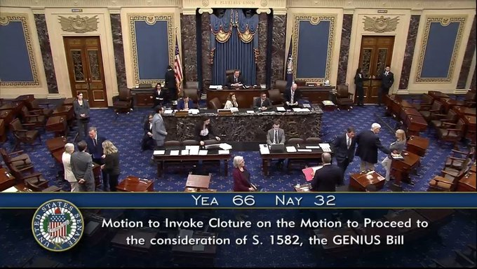 OFFICIAL: The GENIUS Act on stablecoin legislation just passed a major Senate vote and now heads to the floor for debate 🇺🇸