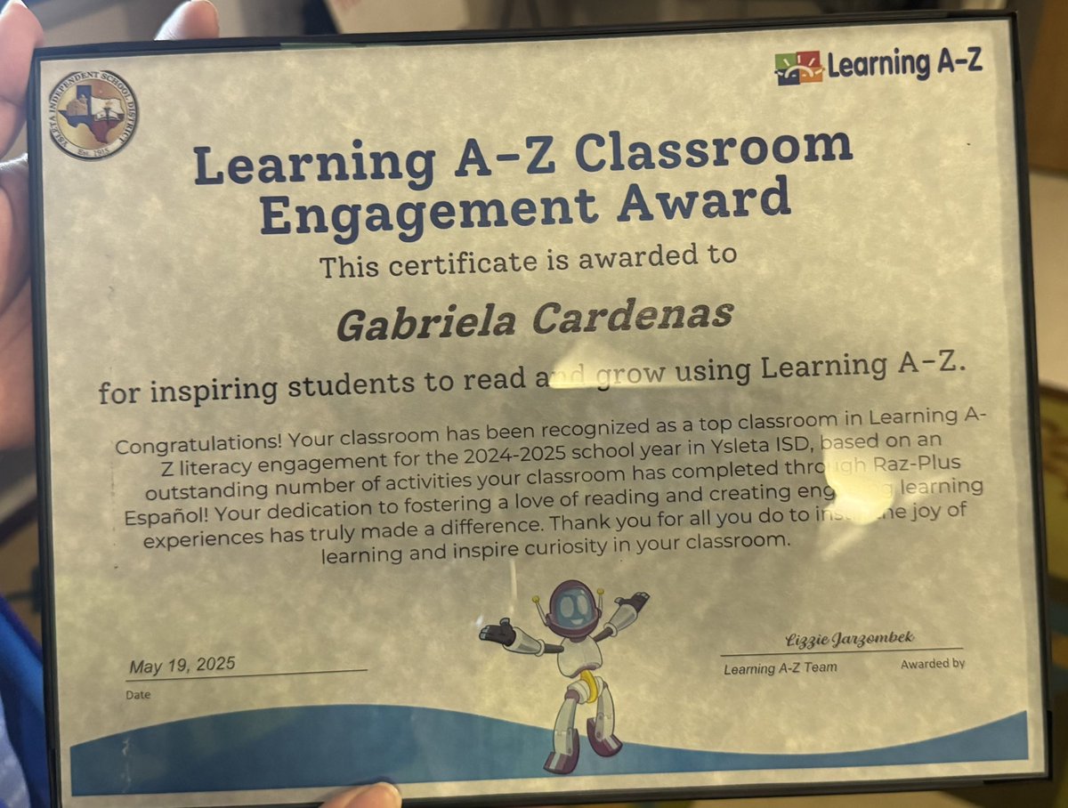 Academic Language Programs Department (@alpsdepartment) on Twitter photo Congratulations to Ms. Cardenas and her dual language students for receiving the Learning A to Z Classroom Engagement Award. Great work at Thomas Manor ES! <a href="/ALPsDepartment/">Academic Language Programs Department</a> <a href="/YsletaISD/">Ysleta ISD</a> <a href="/ThomasManorES/">Sandra Stresow</a> <a href="/_IreneAhumada/">Irene Ahumada</a> <a href="/BrendaChR1/">Brenda Chacon-Robles, Ed.D.</a> <a href="/LearningAtoZ/">Learning A-Z</a> Congratulations to Ms. Cardenas and her dual language students for receiving the Learning A to Z Classroom Engagement Award. Great work at Thomas Manor ES! <a href="/ALPsDepartment/">Academic Language Programs Department</a> <a href="/YsletaISD/">Ysleta ISD</a> <a href="/ThomasManorES/">Sandra Stresow</a> <a href="/_IreneAhumada/">Irene Ahumada</a> <a href="/BrendaChR1/">Brenda Chacon-Robles, Ed.D.</a> <a href="/LearningAtoZ/">Learning A-Z</a>