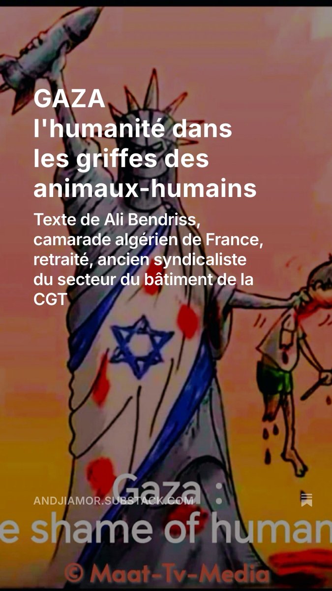 " À ce degré de violence, ce n’est plus seulement l’armée  israélienne qui agit. C’est un État animalisé, mû par une volonté  d’anéantissement qui défie autant les lois internationales que les lois  humaines, voire divines."
andjiamor.substack.com/p/gaza-lhumani…