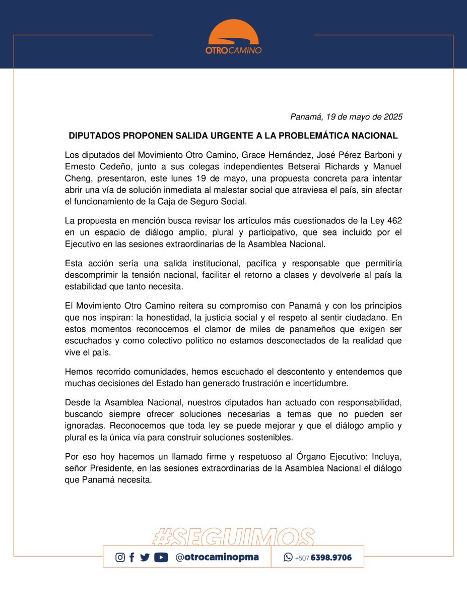 Hoy hacemos un llamado firme y respetuoso al Órgano Ejecutivo: Incluya, señor Presidente, en las sesiones extraordinarias de la Asamblea Nacional el diálogo por los articulos conflictivos de la ley de la CSS, que Panamá tanto necesita.
