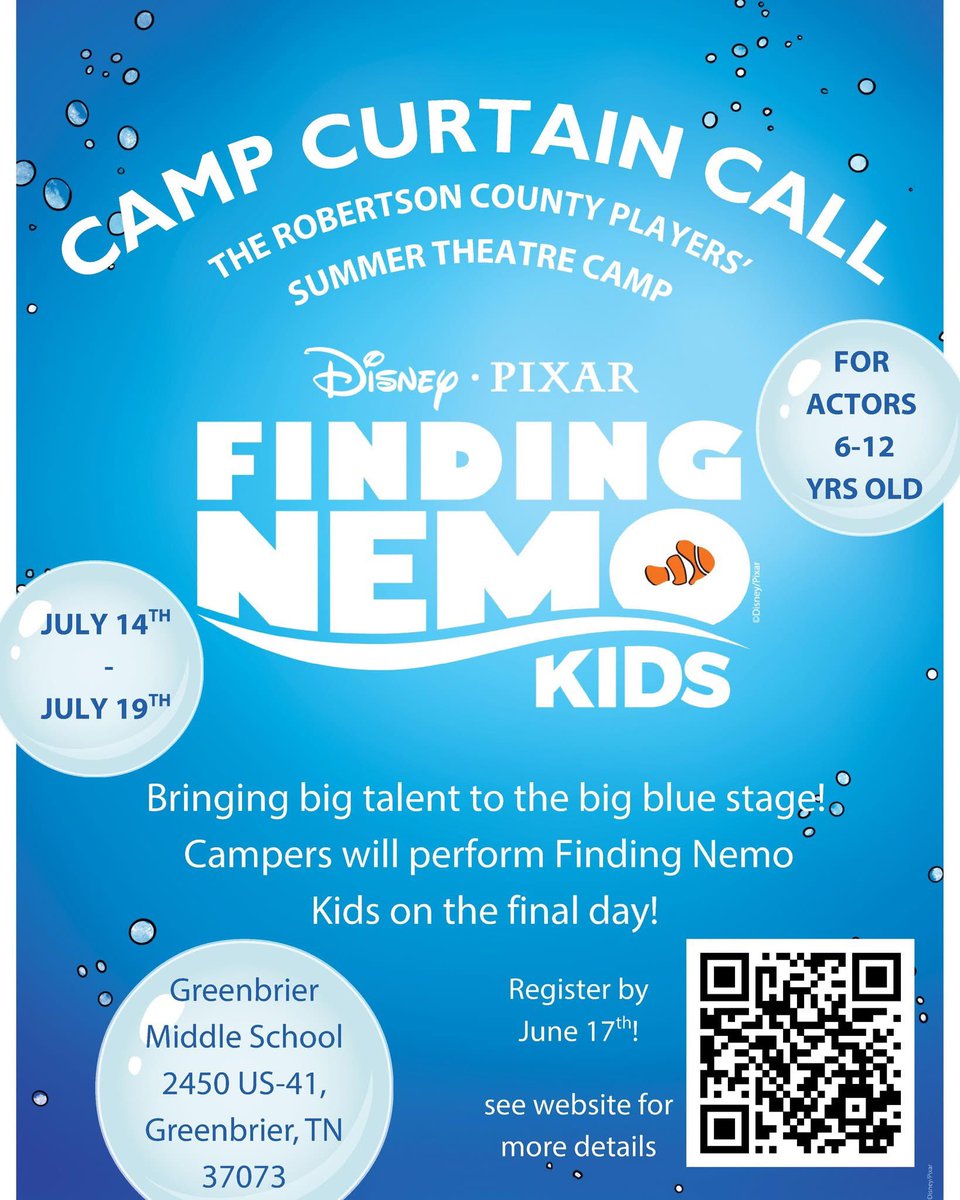 RobCoPlayersTN's tweet photo. Have you registered for Theatre Camp???  We will be performing Disney Pixar's Finding Nemo Kids! 
*For young actors 6-12 years old!
*July 14th-19th!
*Performance on the final day of camp!
*REGISTER BY JUNE 17th. https://t.co/HMVuE2aFzx