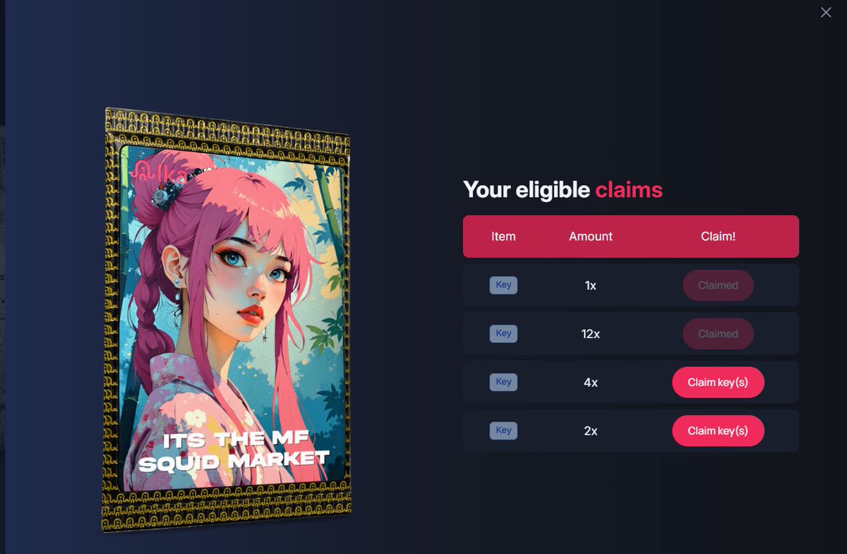 phamlanthanh's tweet photo. #Guide2E #SuiNetwork #IKA #Walrus
@ikadotxyz thông báo phát Squids Keys đợt cuối.
ACE đang stake The MF Squids Market trên Insack vào check xem có nhận thêm Keys không nhé (Em cũng không rõ điều kiện để nhận Keys đợt này).
Link check và claim keys: https://t.co/w3sIoNd6zN
Các sử dụng keys vẫn như cũ: Bán keys lấy $SUI trên Tradeport hoặc locked lấy tickets quay xổ số ra Ink Droplets trên https://t.co/w0V6h5uCYr.
P/s: Đây có thể là đợt phát keys cuối cùng để vét Ink Droplets trước khi kết thúc Inksack Pre-mainnet phase vào cuối tuần này.
Chúc ACE húp to kèo IKA này.