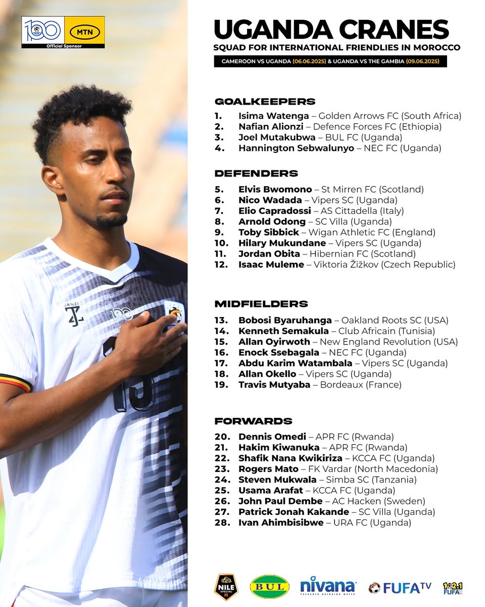 Squad for international friendlies in Morocco 🇲🇦

• Cameroon Vs Uganda — 6th June 2025
• Uganda Vs The Gambia — 9th June 2025

#UGCranesWeGo