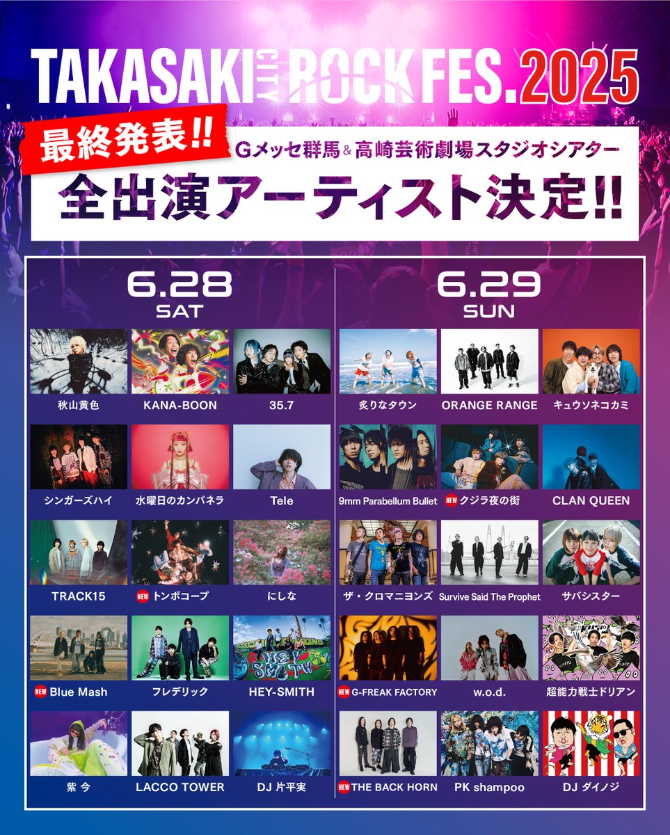 TAKASAKICRF's tweet photo. ＼ 全出演アーティスト発表！／

⏰6/28(土)、6/29(日)
📍Gメッセ群馬＆高崎芸術劇場スタジオシアター

🎫チケット一般発売中！🎫
🔗https://t.co/dY4dJFKdB8

■6/28（土）
秋山黄色
KANA-BOON
35.7
シンガーズハイ
水曜日のカンパネラ
Tele
TRACK15
トンボコープ
にしな
Blue Mash
フレデリック
HEY-SMITH
紫 今
LACCO TOWER
DJ片平実 (GETTiNG BETTER)

■6/29（日）
炙りなタウン
ORANGE RANGE
キュウソネコカミ
9mm Parabellum Bullet
クジラ夜の街
CLAN QUEEN
ザ・クロマニヨンズ
Survive Said The Prophet
サバシスター
G-FREAK FACTORY
w.o.d.
超能力戦士ドリアン
THE BACK HORN
PK shampoo
DJダイノジ

詳しくは公式Webをチェック🔎
https://t.co/dY4dJFKdB8