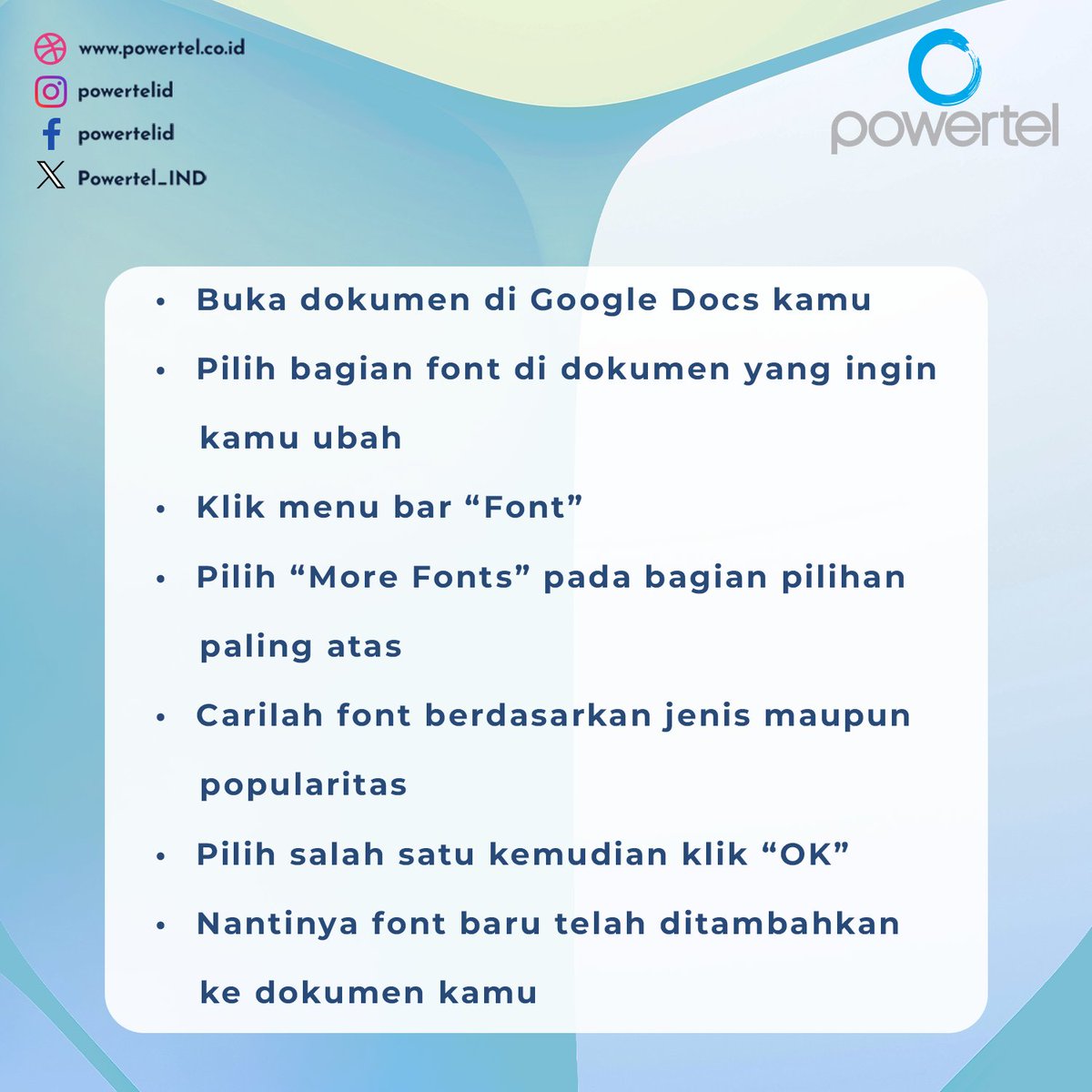 Powertel_IND's tweet image. Tips Menambahkan Font Aesthetic di Google Docs
#GoogleDocsTips #CaraMenambahFont #FontBaruGoogleDocs #TutorialGoogleDocs #EditDokumenOnline #FontUnikDocs #GantiFontGoogleDocs #PanduanGoogleDocs #BelajarGoogleDocs #MenulisLebihKeren #TrikDokumenOnline #PowertelId