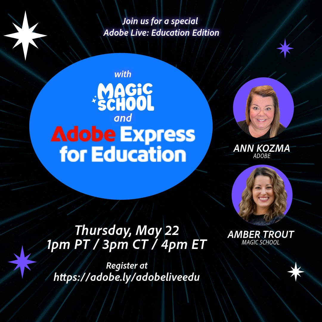 ૮ℓαµ∂เσ ƶαѵαℓα ʝ૨. (@claudiozavalajr) on Twitter photo 🌟 Where Creativity Meets AI!
Discover how @AdobeforEdu and @MagicSchoolAI are revolutionizing the learning experience.
🚀 Don’t miss the collaboration session with @AnnKozma723 and <a href="/Amber_EdTech/">Amber Trout</a>
Sign up now ➡️ adobe.ly/adobeliveedu
#AdobeEduCreative #AdobeLiveEdu 🌟 Where Creativity Meets AI!
Discover how @AdobeforEdu and @MagicSchoolAI are revolutionizing the learning experience.
🚀 Don’t miss the collaboration session with @AnnKozma723 and <a href="/Amber_EdTech/">Amber Trout</a>
Sign up now ➡️ adobe.ly/adobeliveedu
#AdobeEduCreative #AdobeLiveEdu