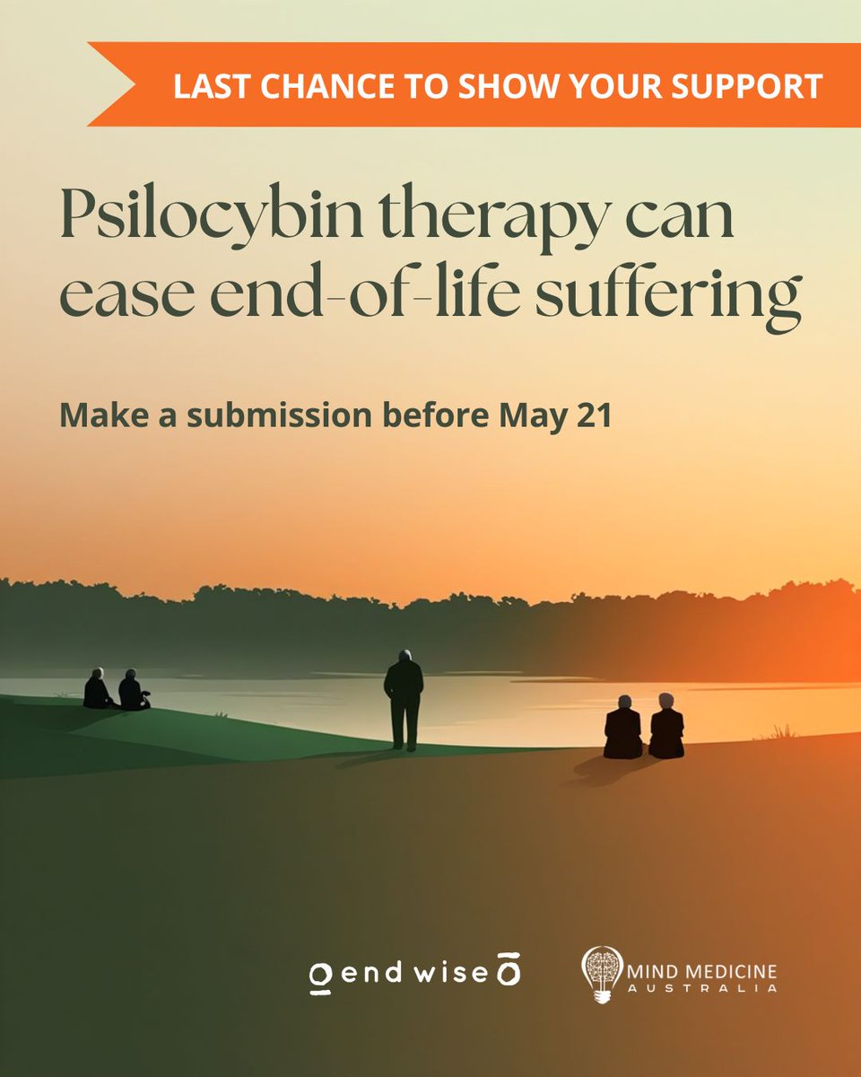 LAST CHANCE TO SHARW YOUR SUPPORT! Denying access to psilocybin-assisted therapy at end of life isn't just policy—it's an ethical issue. Support compassionate care. Public submissions take &lt;5 mins. Deadline: 5pm AEST on May 21. 👉 endwise.au/get-involved #psychedelictherapy