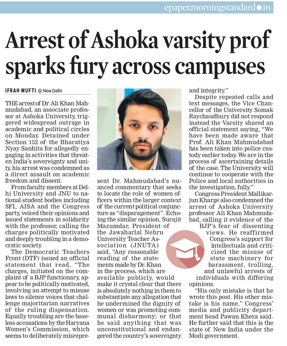 Ifrah Mufti (@ifrahmufti) on Twitter photo Arrested for a post, punished for a name, as what <a href="/INCIndia/">Congress</a> said yesterday on the arrest of <a href="/Mahmudabad/">Ali Khan Mahmudabad</a> . His arrest has apparently triggered a widespread outrage in academic and political circles. <a href="/santwana99/">santwanabhattacharya</a> <a href="/NewIndianXpress/">The New Indian Express</a>
<a href="/AshokaUniv/">Ashoka University</a> Arrested for a post, punished for a name, as what <a href="/INCIndia/">Congress</a> said yesterday on the arrest of <a href="/Mahmudabad/">Ali Khan Mahmudabad</a> . His arrest has apparently triggered a widespread outrage in academic and political circles. <a href="/santwana99/">santwanabhattacharya</a> <a href="/NewIndianXpress/">The New Indian Express</a>
<a href="/AshokaUniv/">Ashoka University</a>