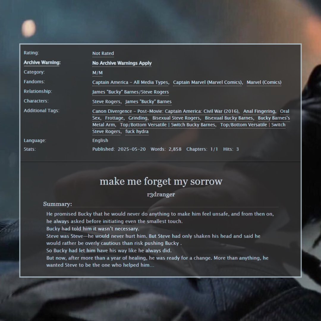 ✨make me forget my sorrow✨
-
🔗 archiveofourown.org/works/65721076 ….........
-
||Steve Rogers x Bucky Barnes || 2.8K ||