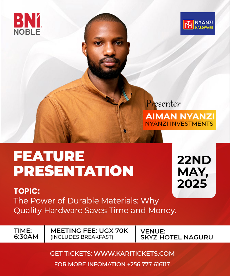 BNI Noble Chapter (@bninoblechapter) on Twitter photo Ever heard of a construction bank? đď¸
Zimba mpola, build steadily and wisely.
Join CEO of Nyanzi Hardware, Mr. Aiman Nyanzi, as he breaks down why quality hardware is more than a cost; itâs a time-saver and a game-changer in construction.
Thursday 22nd May
Location: <a href="/SkyzHotel/">Protea Hotel by MarriottÂŽ Kampala Skyz</a> Ever heard of a construction bank? đď¸
Zimba mpola, build steadily and wisely.
Join CEO of Nyanzi Hardware, Mr. Aiman Nyanzi, as he breaks down why quality hardware is more than a cost; itâs a time-saver and a game-changer in construction.
Thursday 22nd May
Location: <a href="/SkyzHotel/">Protea Hotel by MarriottÂŽ Kampala Skyz</a>