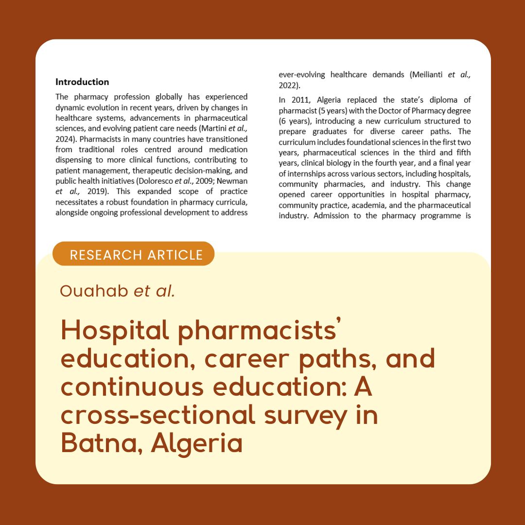 A cross-sectional study using a questionnaire to collect data from hospital pharmacists in Algeria. The findings highlight the need for strategic workforce planning to support their aspirations. Read here: pharmacyeducation.fip.org/pharmacyeducat…
#publishwithPEJ #PharmEd #PEJ