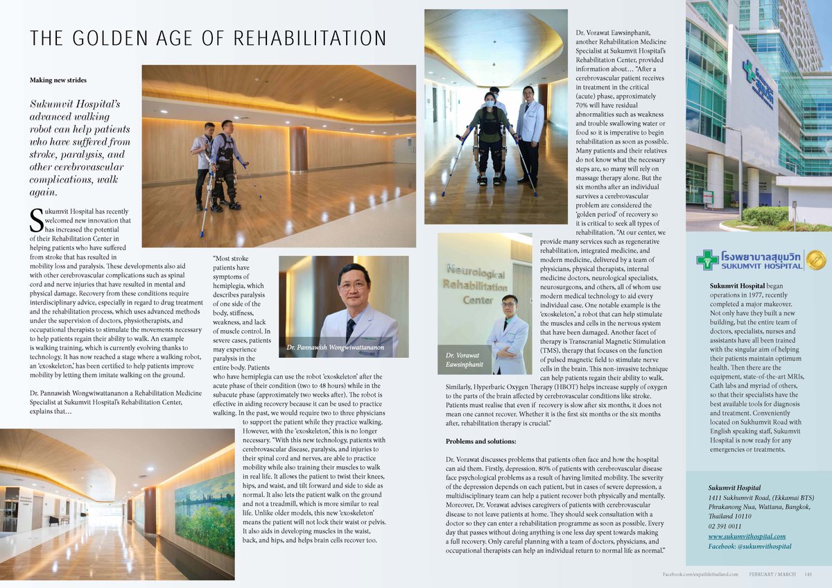 Sukumvit Hospital has recently welcomed new innovation to help patients who have suffered from stroke that has resulted in mobility loss and paralysis. “Exoskeleton”, walking robot has been certified to help patients improve mobility by letting them imitate walking on the ground.