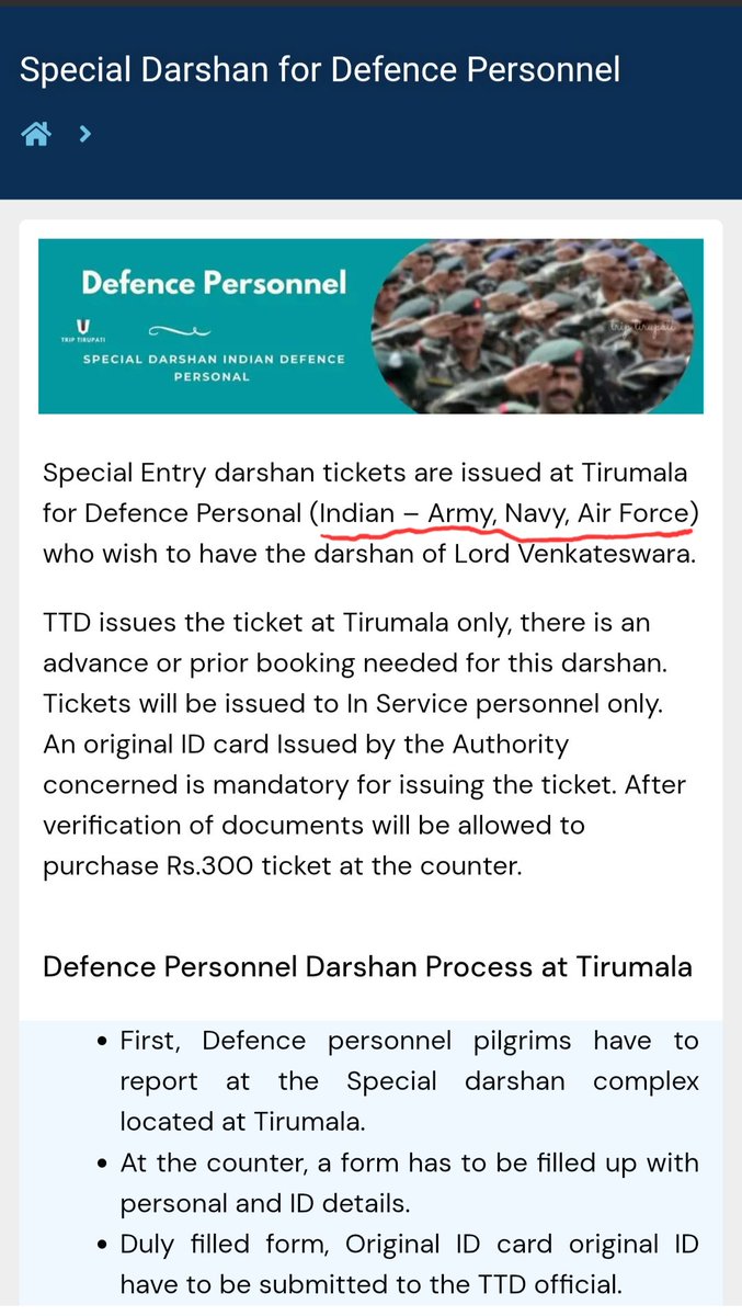 Newsofpmc's tweet photo. तिरुमाला में भगवान वेंकटेश्वर के दर्शन के लिए DEFENCE PERSONNEL के तौर पर सिर्फ ARMY, NAVY और AIRFORCE के लिए विशेष प्रवेश दर्शन टिकट जारी किए जाते हैं।

क्या इस सुविधा के लिये PARAMILITARY के जवान हकदार नहीं हैं? https://t.co/f6L22RFpNM