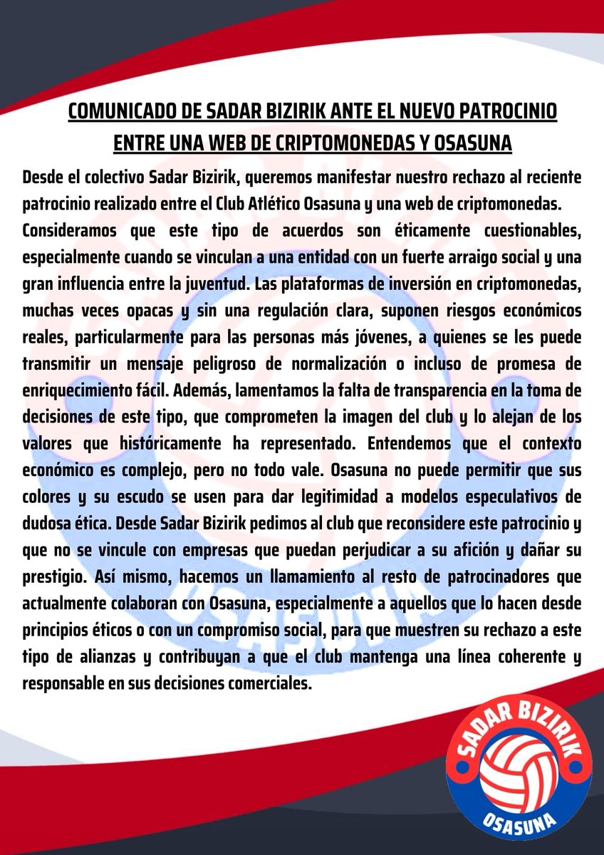 sadarbizirik's tweet photo. Nuestra postura ante el nuevo patrocinio entre Osasuna y una web de Criptomonedas. https://t.co/SnqrYl8zNU