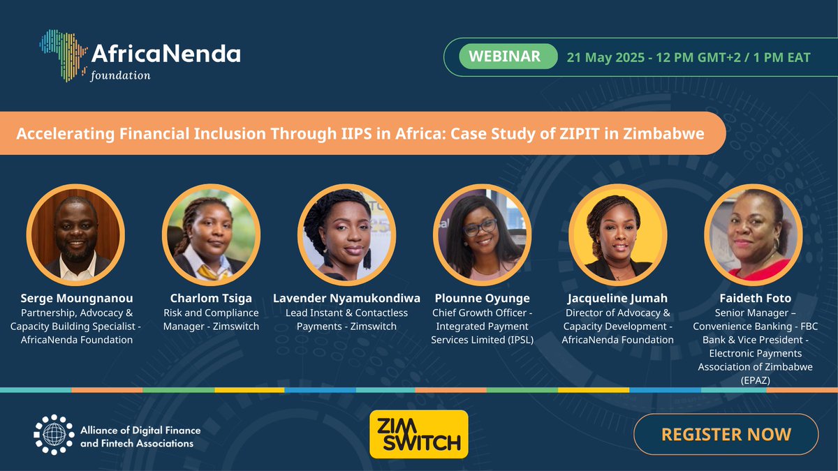 Just 1 day to go!
AfricaNenda Foundation invites you to a high-level webinar tomorrow, 21 May 2025, to explore ZIPIT Zimbabwe, a key case study from the SIIPS 2024 report.
We’ll examine ZIPIT’s implementation journey, challenges, and achievements in driving interoperability,