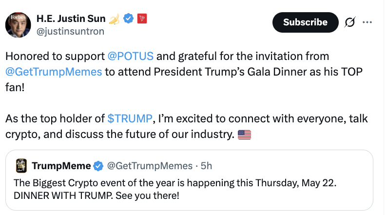 🚨 BREAKING: Justin Sun, fondatore di Tron, parteciperà alla cena di gala del Presidente Trump come uno dei maggiori detentori di token $TRUMP.