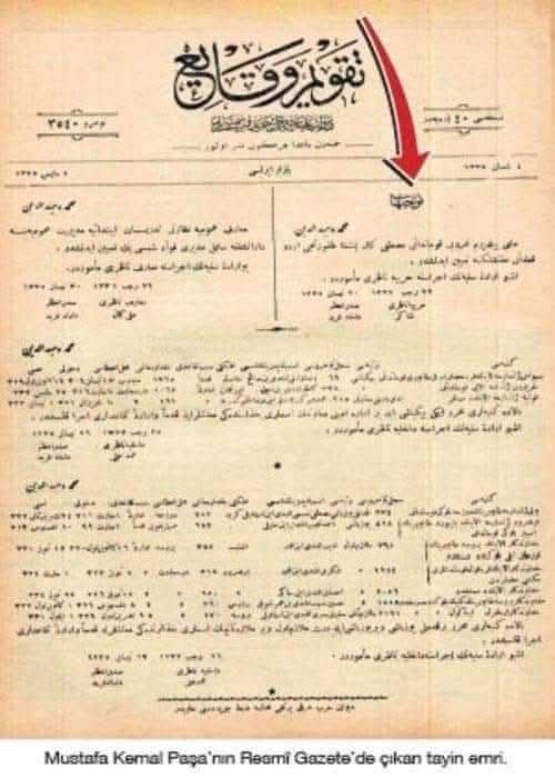 M. Kemal Paşanın tayin emrini yayınlayan resmi gazete. Üst düzey bürokratlar padişahın imzasıyla tayin edildiğine göre, Mustafa Kemali  maiyetiyle birlikte Samsuna gönderen Sultan Vahideddindir. Peki, bunu yıllarca neden sakladınız. 
Padişah emriyle tayin, küçültücü bir şey mi?