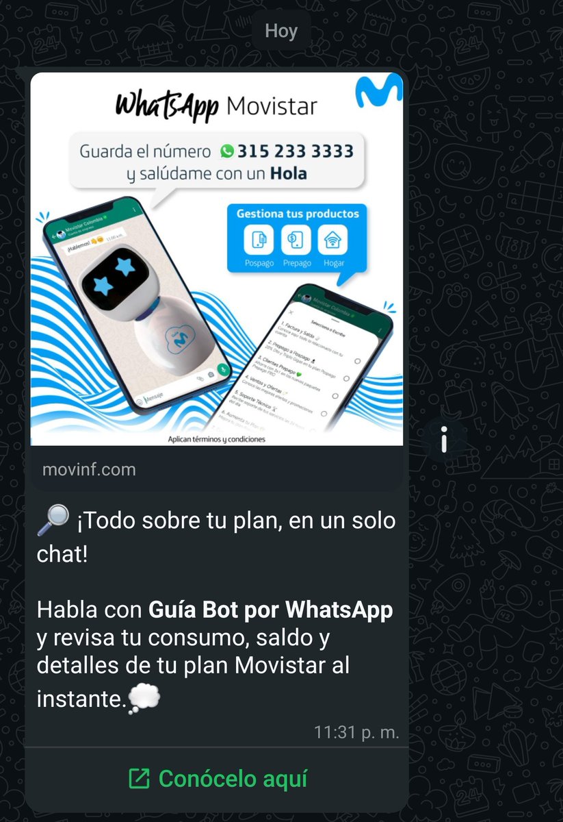 yused0921's tweet photo. Es legal que @MovistarCo este mandando mensajes al WhatsApp a las 11:31 PM?? Cc @sicsuper https://t.co/LdAnlzHP8b