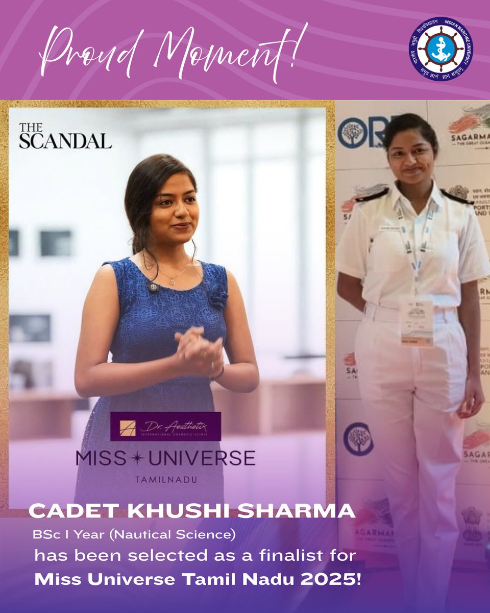 INDIAN MARITIME UNIVERSITY (@imu_hq) on Twitter photo 🎉 Proud Moment!
Cadet Khushi Sharma (BSc I Yr, Nautical Science) is a finalist for Miss Universe Tamil Nadu 2025! 👑🌊
Shining both at sea & on stage—she inspires the entire maritime community! 💫⚓
#MissUniverseTN #IMU #WomenInMaritime @ship_min <a href="/seaandcoast1/">Sea And Coast 🆇</a> #MaritimePride 🎉 Proud Moment!
Cadet Khushi Sharma (BSc I Yr, Nautical Science) is a finalist for Miss Universe Tamil Nadu 2025! 👑🌊
Shining both at sea & on stage—she inspires the entire maritime community! 💫⚓
#MissUniverseTN #IMU #WomenInMaritime @ship_min <a href="/seaandcoast1/">Sea And Coast 🆇</a> #MaritimePride
