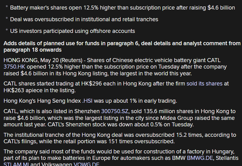 TSimonts's tweet image. #CATL stijgt 12,5% in zijn eerste handelsdag op Hong Kong, wat de beurs daar 1% hoger duwt. Zeg nu nog eens dat batterijen niet hip zijn... Nu #Umicore nog :-)