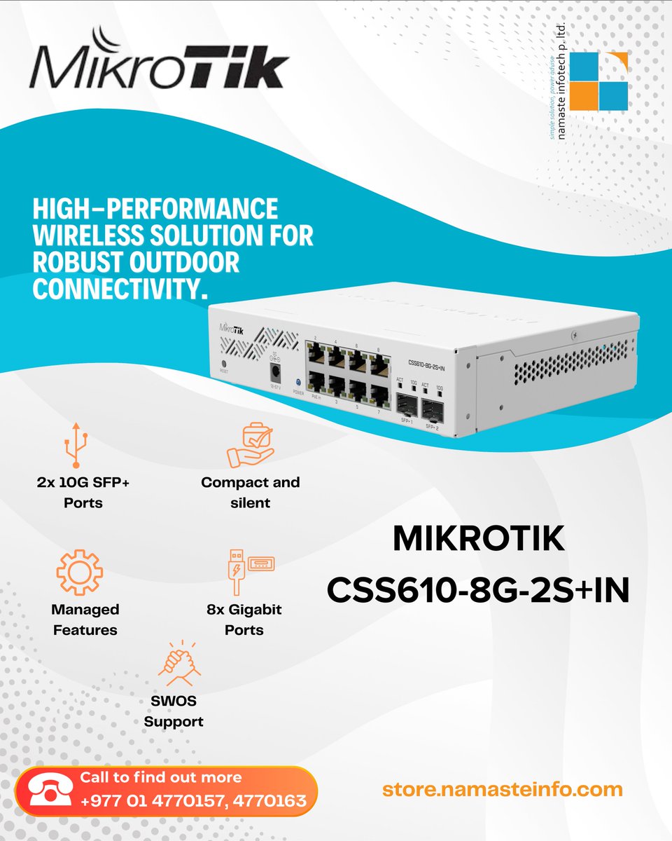 LtdNamaste's tweet image. Cloud Smart Switch 610-8G-2S+IN is our answer to the everlasting demand for more power in a small and simple package. 
To know more:
store.namasteinfo.com/product/mikrot…
#Hardware, #NetworkingandSecurity #cloudrouterswitch,  #hardware, #mikrotik, #mikrotikproduct, #MikroTikCSS610 #network