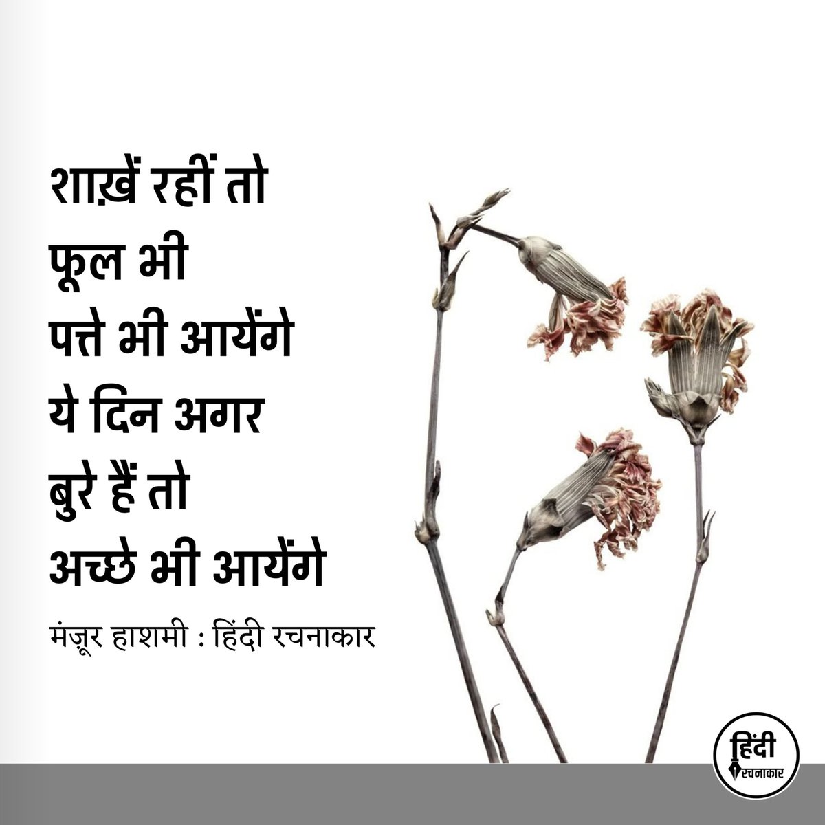 hindirachnakaar's tweet image. शाख़ें रहीं तो फूल भी पत्ते भी आयेंगे
ये दिन अगर बुरे हैं तो अच्छे भी आयेंगे

~ मंज़ूर हाशमी

#life #zindagi #upsanddowns 
#struggle #hope #Poetry 
#quotes #positivity #Hindirachnakaar