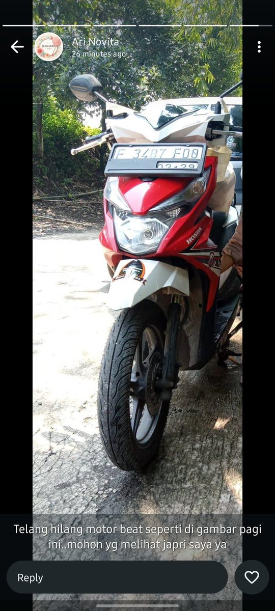 arsetian's tweet photo. Twitter do your magic !

Telah hilang motor beat dengan plat sperti di gambar daerah ciomas bogor, bagi yang melihat/menemukan, tolong japri ya. Makasih 

@infobogor https://t.co/0tafn0NVjJ