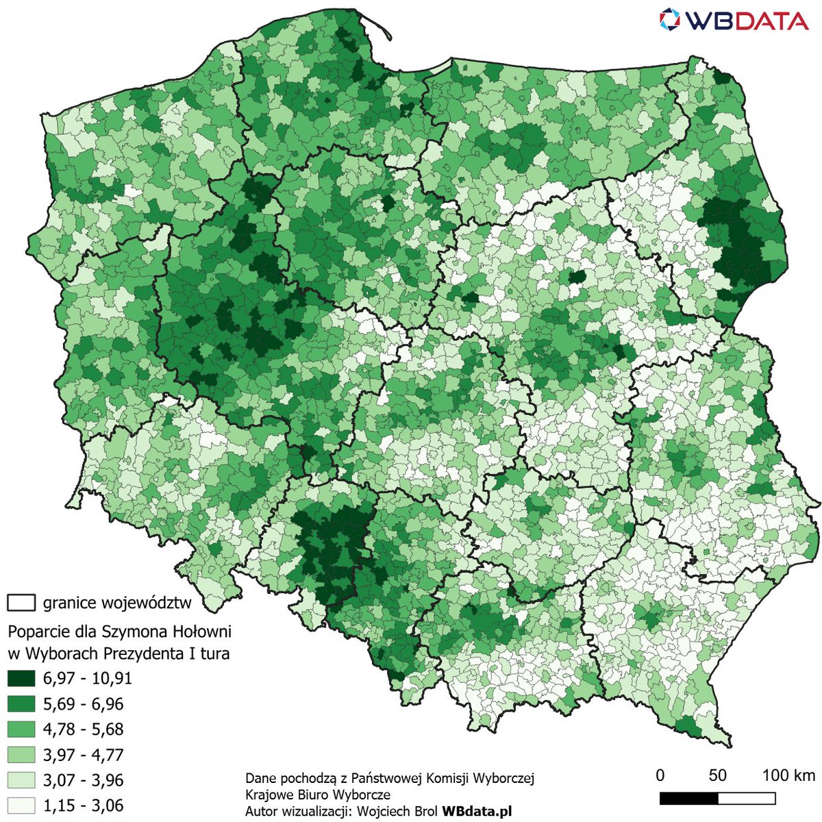 wbdata's tweet image. Mapa poparcia @szymon_holownia w #WyboryPrezydenckie2025 wszystkie mapy na: wbdata.pl/mapy-wyborcze-…