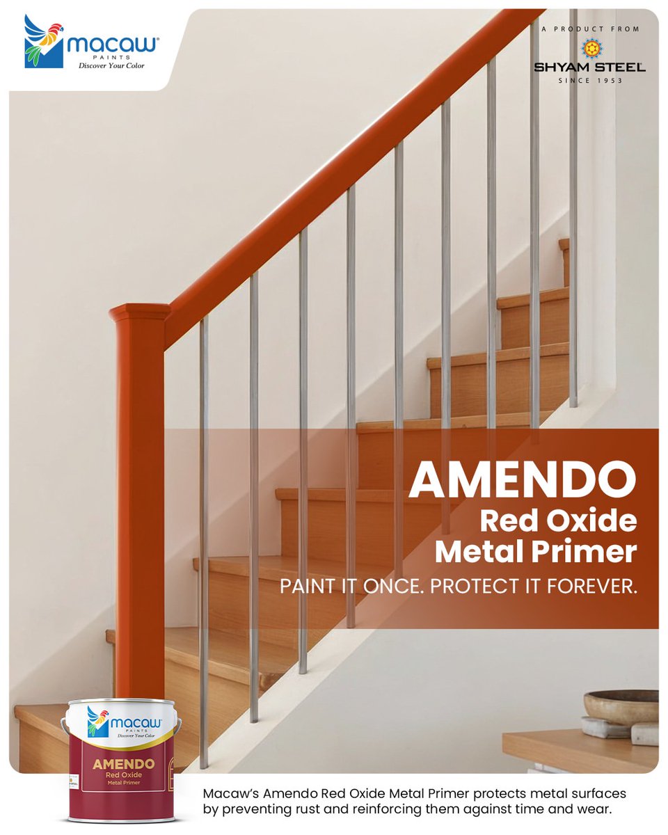 macaw_paints's tweet image. Protect your metal surfaces with Macaw's Amendo Red Oxide Metal Primer for superior rust protection and durability.
#metalpaints #metalprimer #rustprotection #macawpaints #interioremulsions #exterioremulsions #metalprimer #primer