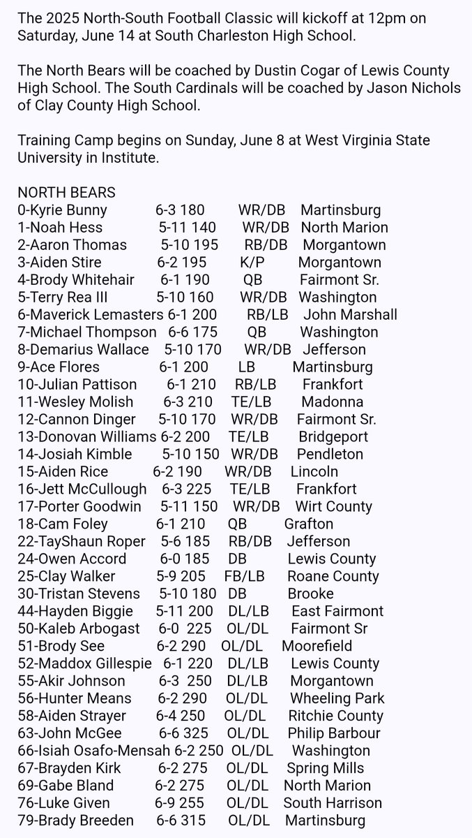 Congratulations to Moorefield senior and future Fairmont State College's Brody See on being selected to the North-South Football Classic <a href="/MFLD_Athletics/">Moorefield Yellow Jackets Athletics</a> <a href="/FairmontStateFB/">Fairmont State Football</a> <a href="/CoachPaulSee/">Paul See</a> <a href="/brodysee51/">Brody See</a>