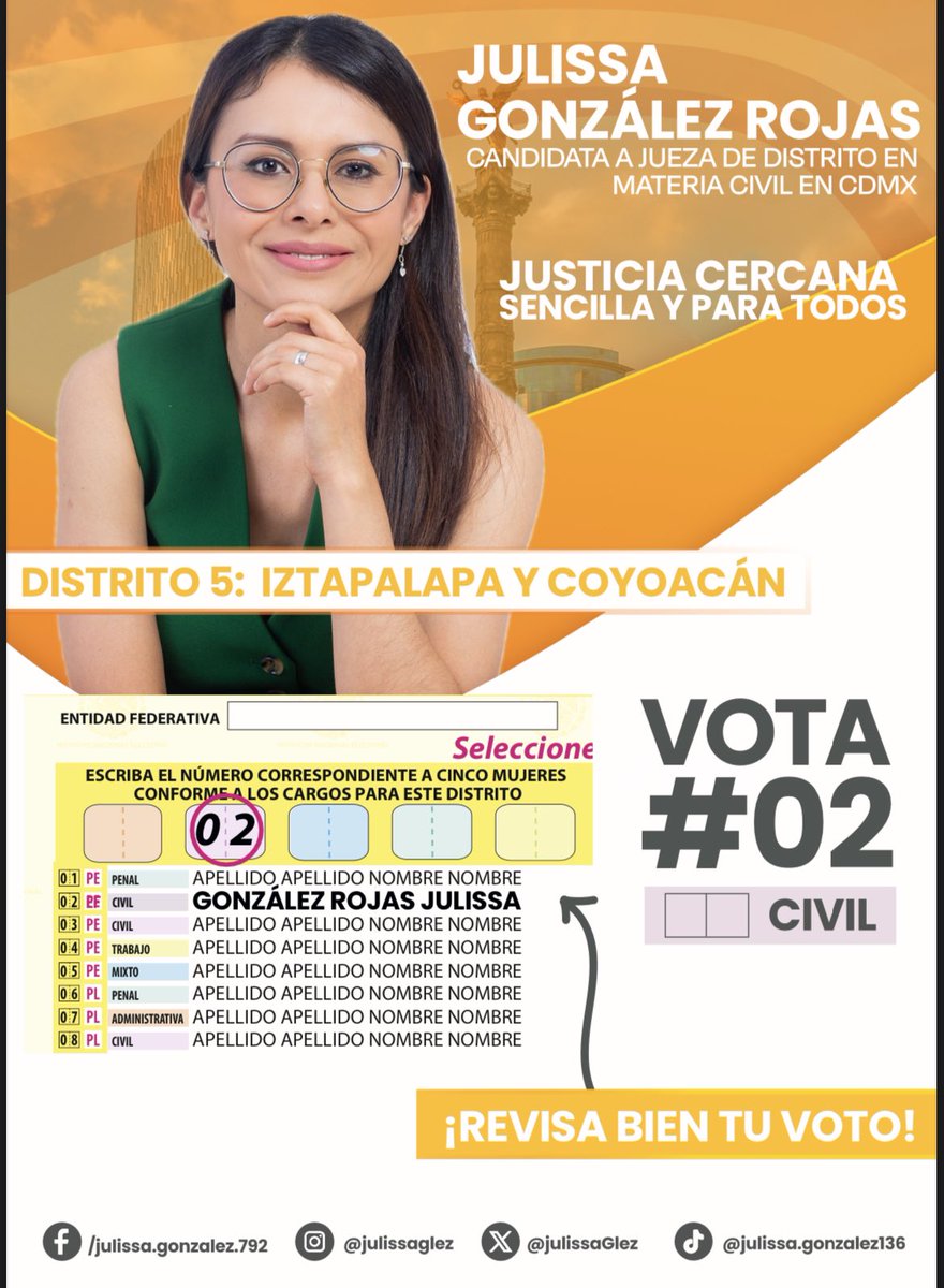 La participación a través del voto este 1o de junio permitirá seleccionar a Jueces, Magistrados y Ministros. No dejes que alguien más elija por ti, ejerce tu derecho al voto. 🗳️Vota 02 💛💛