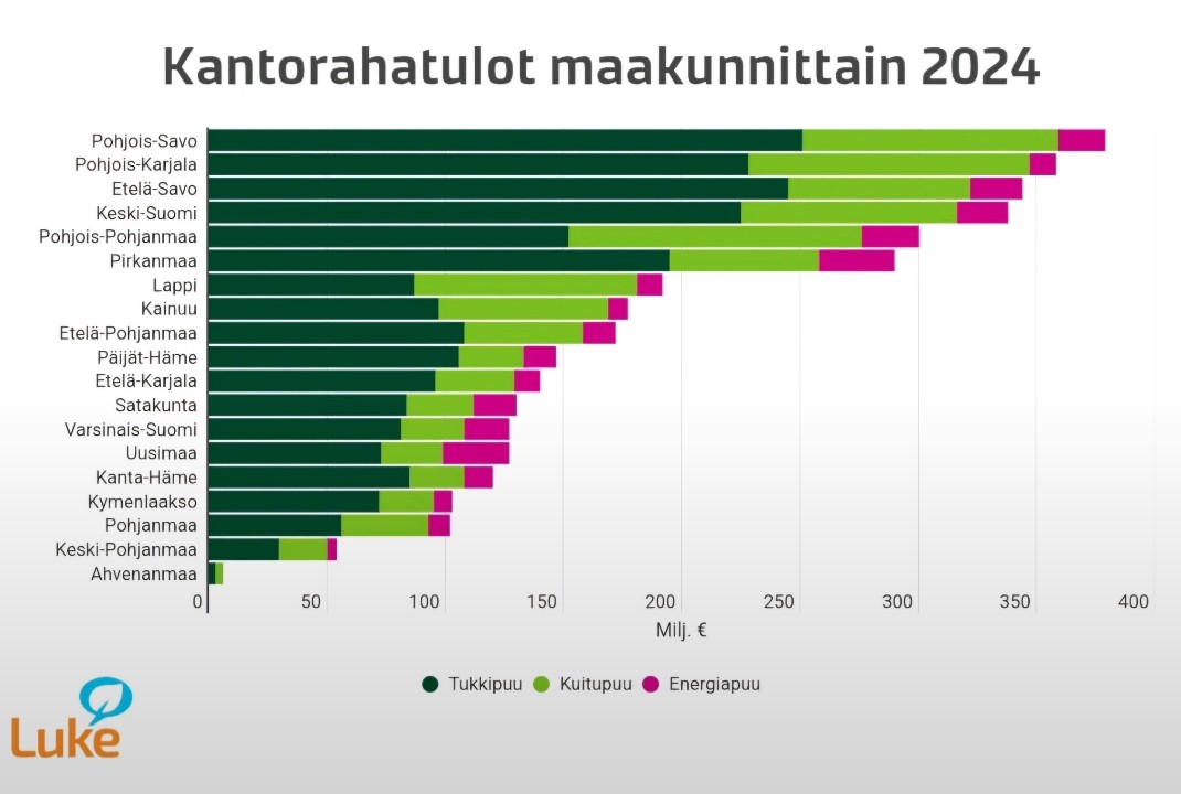 Vuonna 2024 bruttokantorahatulojen kokonaissumma oli 3,6 mrd €:
3,0 mrd € (83 %) yksityismetsistä ja 0,6  mrd € (17 %) metsäteollisuuden ja valtion metsistä.

Tukkipuun osuus 63, kuitupuun 29 ja energiapuun 8 %.

Ei siis puhuta mistään pienistä rahasummista alueiden talouteen.