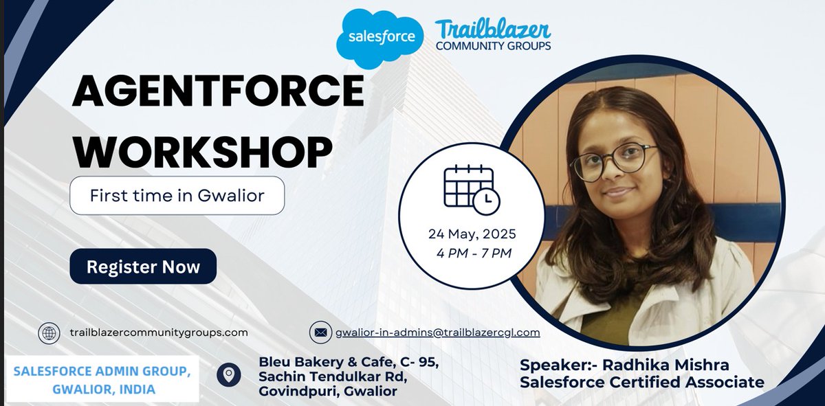 Salesforce Community Group Gwalior (@sfdcgwalior) on Twitter photo Calling all <a href="/salesforce/">Salesforce</a> enthusiasts!
Get ready to dive into the future of #AI at our upcoming #TrailblazerCommunity event.
Join us to hear from two bright minds as they share their insights on the power of #Agentforce
Register now >
trailblazercommunitygroups.com/events/details…
#SFDCGwalior Calling all <a href="/salesforce/">Salesforce</a> enthusiasts!
Get ready to dive into the future of #AI at our upcoming #TrailblazerCommunity event.
Join us to hear from two bright minds as they share their insights on the power of #Agentforce
Register now >
trailblazercommunitygroups.com/events/details…
#SFDCGwalior