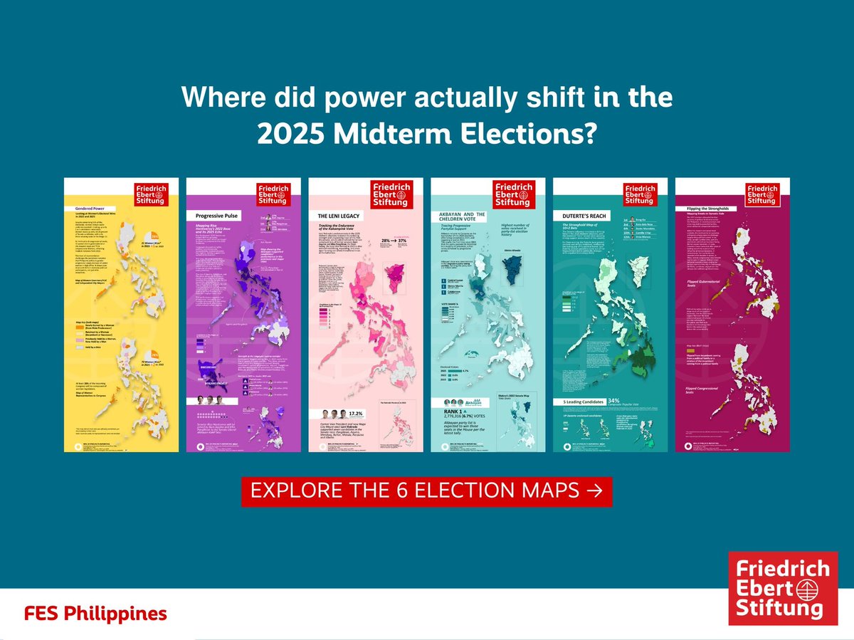 We mapped the 2025 midterms!🗺️

"Dynasties took hits but held the line. Coalition loyalty frayed. The pink vote endured. Progressives advanced. Women won seats. New alignments are emerging."
-FES Philippines🌐

Explore the six maps here👇
philippines.fes.de/e/shifting-lin…