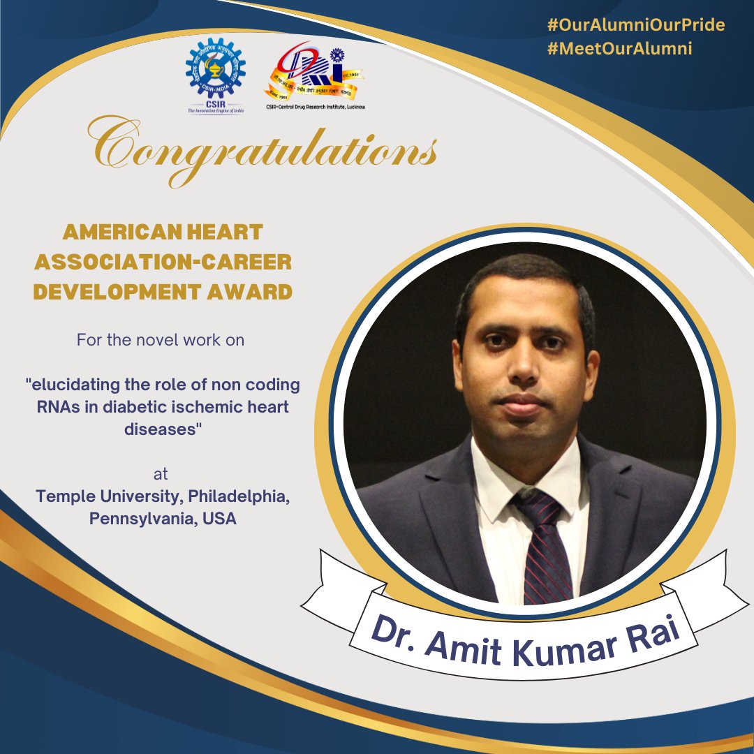 CDRI-Academy and Research (@cdriacademy) on Twitter photo 🌟 #MeetOurAlumni Dr. Amit Kumar Rai 🌟
Congratulations to <a href="/amit_k_rai17/">Amit Rai, PhD</a> on receiving the American Heart Association–Career Development Award! 🏅
<a href="/American_Heart/">American Heart Association</a> <a href="/templemedschool/">Temple Med School</a> <a href="/acdc_temple/">Aging + Cardiovascular Discovery Center</a> <a href="/CSIR_CDRI/">CSIR-CDRI</a> 🌟 #MeetOurAlumni Dr. Amit Kumar Rai 🌟
Congratulations to <a href="/amit_k_rai17/">Amit Rai, PhD</a> on receiving the American Heart Association–Career Development Award! 🏅
<a href="/American_Heart/">American Heart Association</a> <a href="/templemedschool/">Temple Med School</a> <a href="/acdc_temple/">Aging + Cardiovascular Discovery Center</a> <a href="/CSIR_CDRI/">CSIR-CDRI</a>