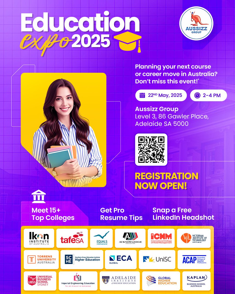 Career &amp; Education Expo 2025 – Your Next Step Starts Here!

📅 May 22nd
🕑 2:00 PM – 4:00 PM
📍 Aussizz Group, Level 3, 86 Gawler Place, Adelaide SA 5000

🎯 Limited spots available – register now:
forms.office.com/r/ddaMng23ue