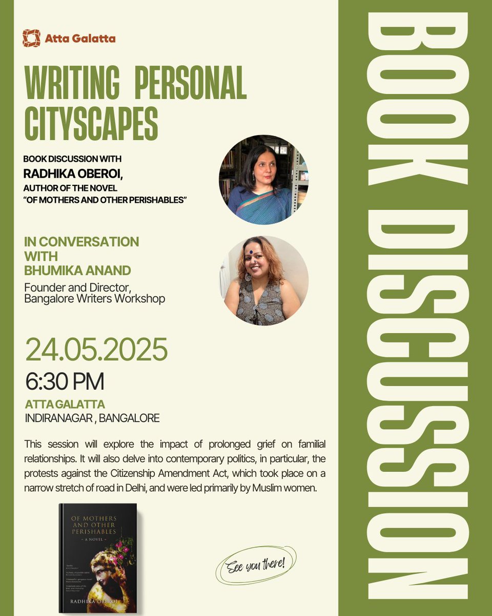 AttaGalatta's tweet photo. Join author Radhika Oberoi for “Writing Personal Cityscapes” on Sat, 24 May 2025 at 6:30 PM. A book talk and discussion on grief, politics, and storytelling at Bangalore Writer’s Workshop.
@hypermonk @BhumikaAnand @SimonSchusterIN https://t.co/Fi27tWCWmT